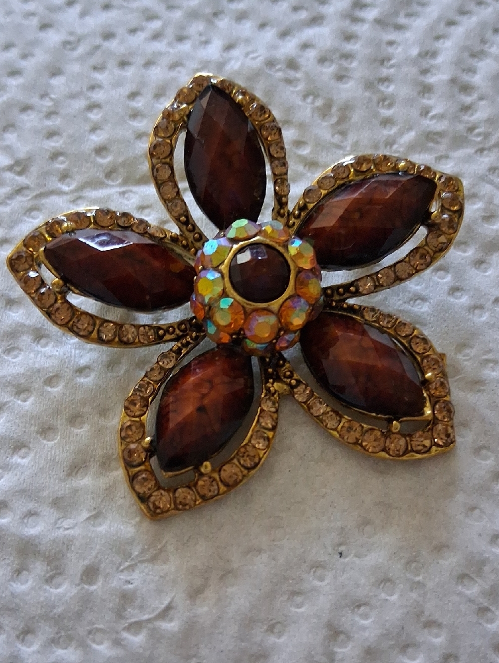 Golden Brown Floral Crystal Brooch